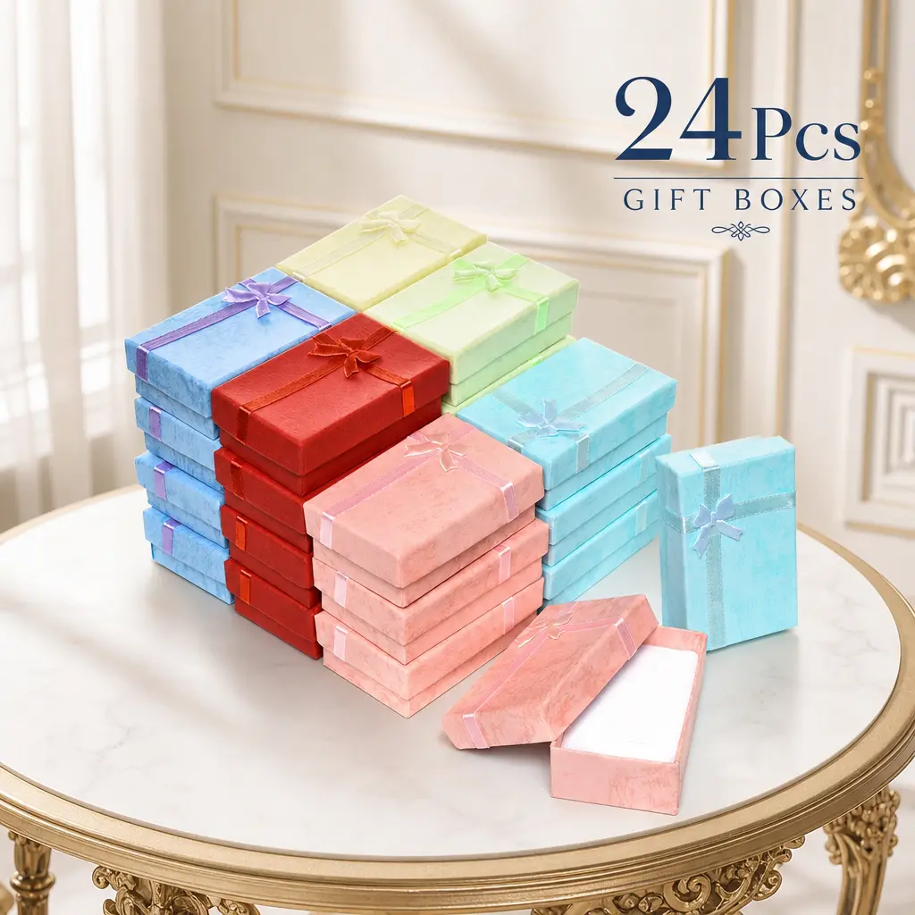 24pcs Classic Assorted Colors Velvet Decorative Trinket Gift Box Set - 4 Boxes for Each Color, High-Quality Cardboard, Velvet Pad, 3.2"x2.0"x1.1" - For Rings,Earrings,Necklaces,Pendants - Ideal for Anniversary,Weddings - For Colleagues