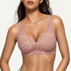 SereneFit Women's  Jelly Wireless Bra - Deep V Seamless Push-Up Bralette, Supportive Wire-Free T-Shirt Bra, Smoothing Full Coverage Minimizer, Buttery Soft Leopard Print, Adjustable Straps, S-3XL