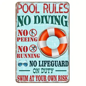 Metal Sign Pool Rules Swim At Your Own Risk Wall Art Funny Swimming Pool Signs Decor Outdoor 12x8 Inches