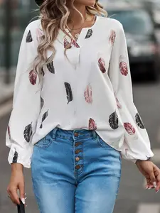 Women's Feather Shirt Blouse, Long Sleeve, Womenswear, Stylish Ladies' Clothing, Elegance, Comfortable, Trendy & Loose Design, Perfect for Casual Wear, High-Quality Fabric