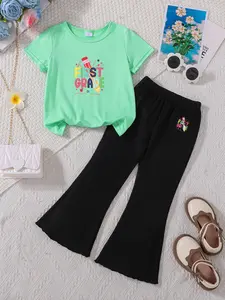 Summer Girls' 2-Piece Set, First Grade Cartoon Print T-Shirt & Bell Bottoms, School Style for Daily Wear, Campus Activities, Short Trips, Summer Clothes Set, Summer Clothing Set