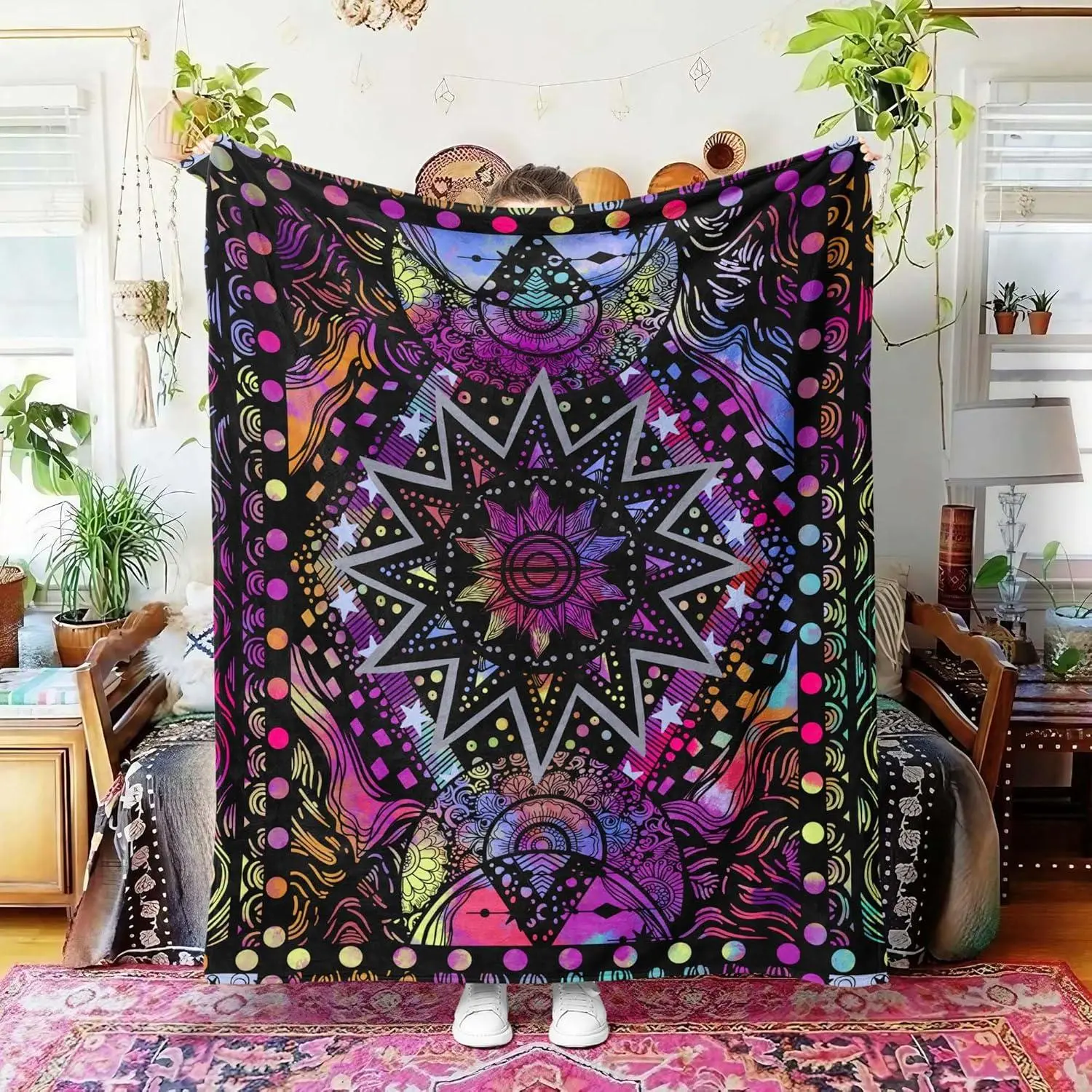 Colorful Geometric Art Throw Blanket - Hippie Abstract Sun and Moon Purple Aesthetic Nap Throw for Couch, Reading, Studying, Grandparents, 40×50in, 76×101cm(30x40in), 81×122cm(32x48in) Bed Decor