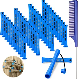 48 Pieces Short Cold Wave Hair Perm Rods Plastic Hair Curling Rollers with Steel Pintail Comb Rat Tail Comb for Hairdressing Styling 0.35 Inch Blue and Dark Blue