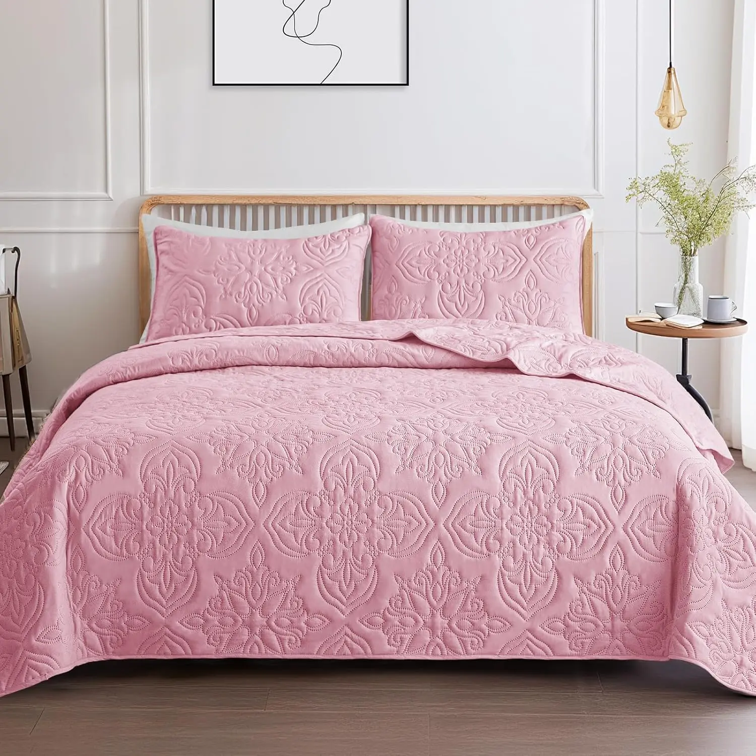 Soft  Quilt Bedding Set for All Seasons,  Damask  Full Size Quilts Set, Lightweight Reversible Bedspread, Coverlet, Bed Cover with 2 Pillow Shams, Pink