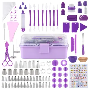 235-Piece Purple Plastic Cake Decorating Kit with Stainless Steel Tools, Storage Box, 100 Piping Bags, 48 Icing Tips, Scrapers, Spatulas - Floral & Smooth Cookie Baking Supplies, Gift for Beginners, Wedding/Birthday Party Tools