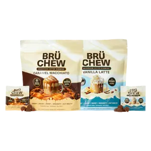 BrüChew Mushroom Coffee Chews, Vanilla Latte & Caramel Macchiato Flavors – Lion's Mane, Cordyceps, Reishi Functional Mushroom Energy Gummies with Natural Caffeine