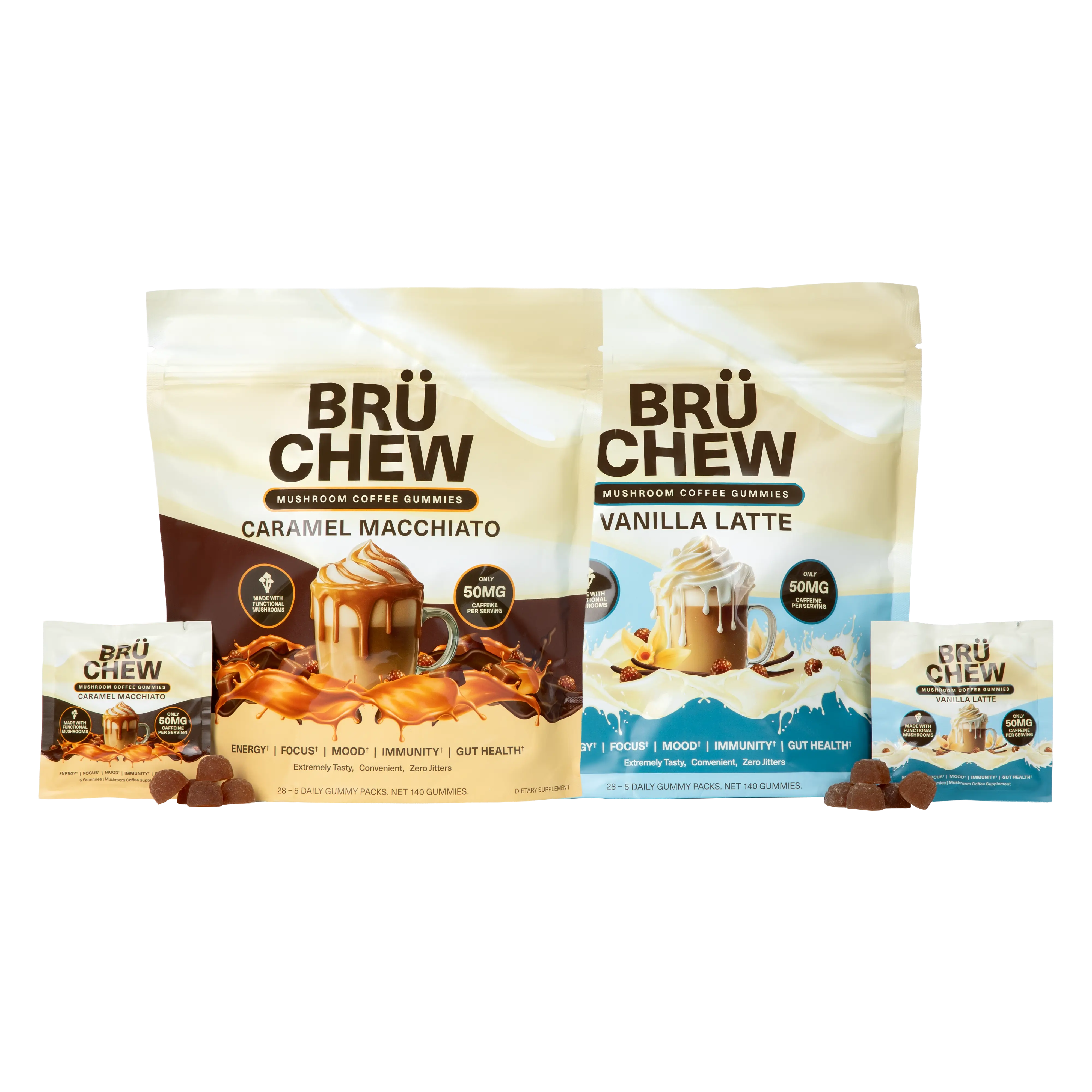 BrüChew Mushroom Coffee Chews, Vanilla Latte & Caramel Macchiato Flavors – Lion's Mane, Cordyceps, Reishi Functional Mushroom Energy Gummies with Natural Caffeine