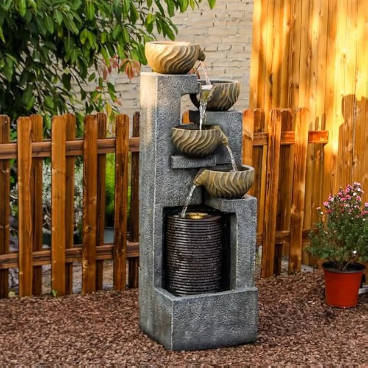 44.09''H Outdoor Garden Water Fountain with LED Lights Bowl Cascading Floor Standing Waterfall Fountains Indoor 5-Tiered Water Feature Decor for Backyard Lawn Porch Deck