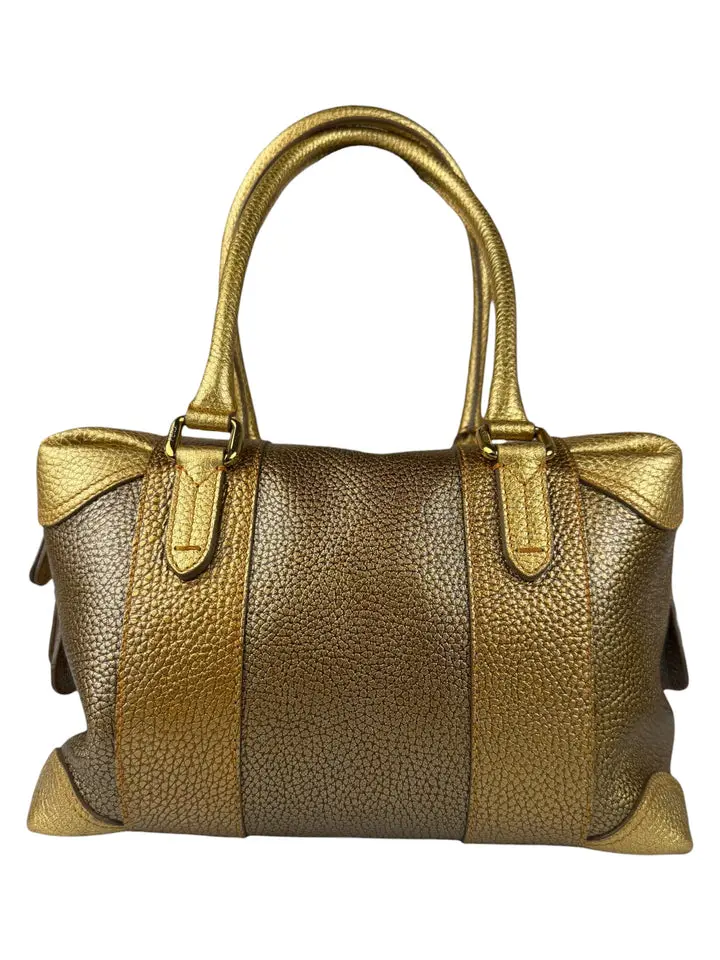 Pre-owned FENDI Pebbled Leather <3 Shoulder Bags Metalic Gold Patent Pebbled Leather Media Boston Bag