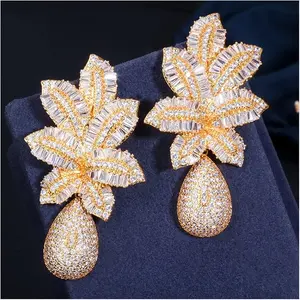 3 Tone Gold Color Luxury Large Leaf Drop Flower Micro Cubic Zirconia Pave Naija Wedding Party Earring Fit For Women