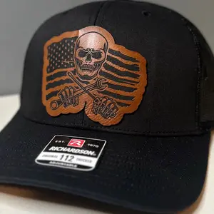 Mechanic skeleton hat with flag leather patch hat