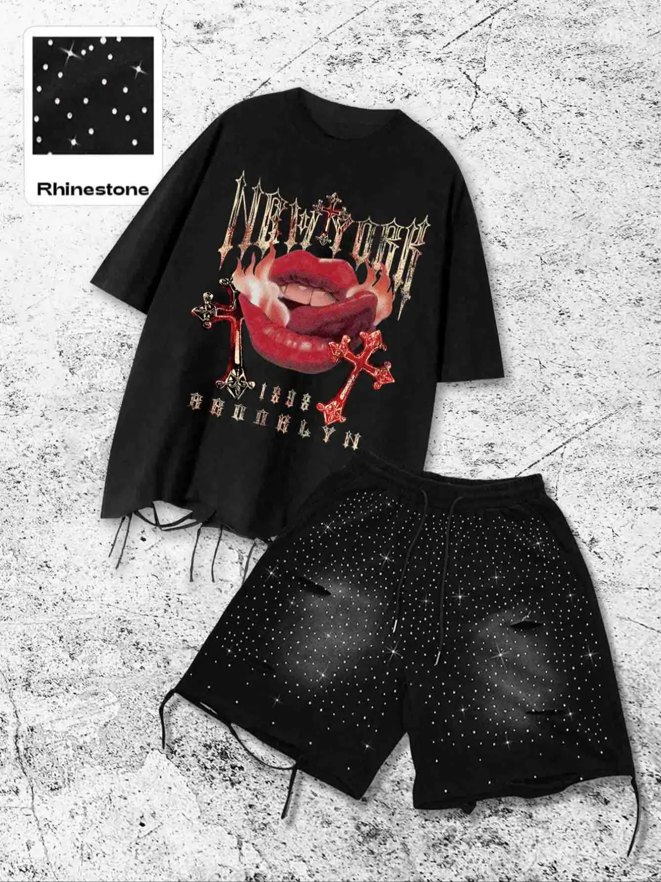 Men's Graphic Print Casual T-Shirt and Shorts Set, Rhinestone Decor and Ripped Details, Fashion Streetwear for All Seasons, Menswear