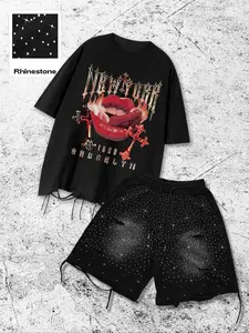 Men's Graphic Print Casual T-Shirt and Shorts Set, Rhinestone Decor and Ripped Details, Fashion Streetwear for All Seasons