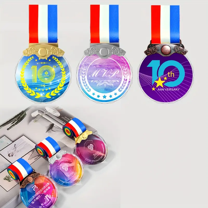 1count Crystal Trophy Medal With Color Logo Option, Customizable DIY Personalized Award With Ribbon For Sports Victory, Championship