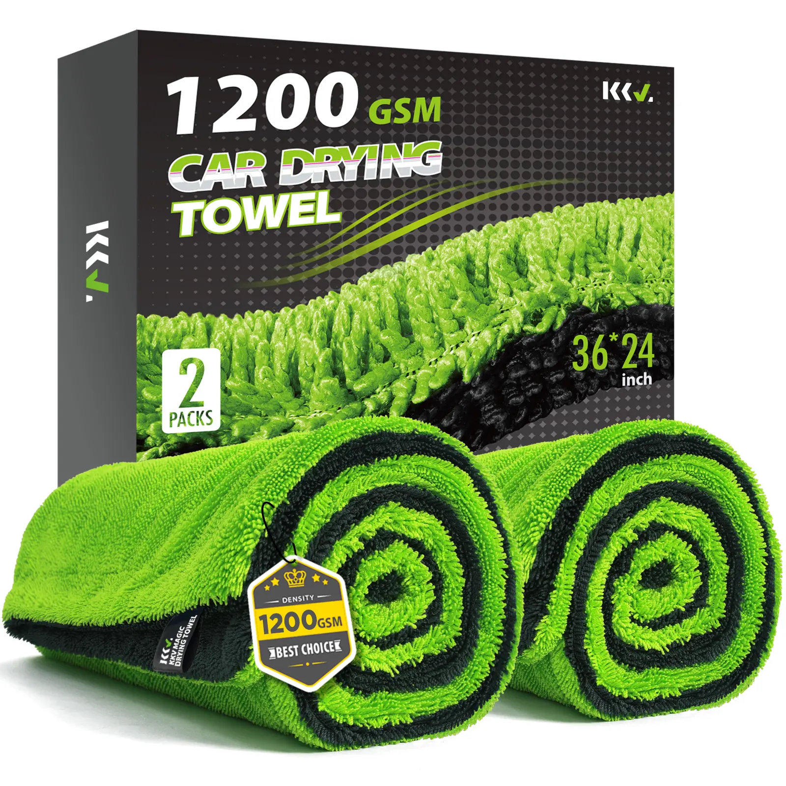 KKV 2-Pack Microfiber Car Drying Towels, 36 x 24 Inches, Dual-Sided 1200GSM Twisted Loop Car Towels, Super Absorbent, Scratch-Free and Streak-Free Drying Towels for Cars, SUVs and Trucks