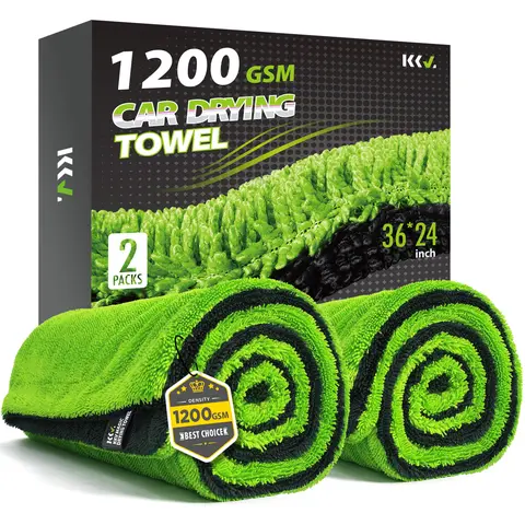 KKV 2-Count Multipack Microfiber (Polyester Fiber) Car Drying Towels, 36x24in 1200GSM Dual-Sided, Smooth, Super Absorbent, Scratch-Free, Streak-Free, Moisture Resistant, Long-Lasting, Quick-Drying, Machine Washable for All Cars