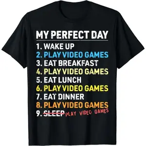 Cotton Short Sleeve My Perfect Day Video Games Funny Gamer Mens Boys Gaming T-Shirt for Men Women