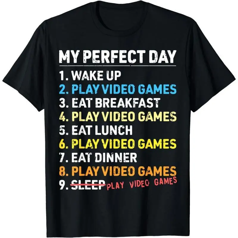 Cotton Short Sleeve My Perfect Day Video Games Funny Gamer Mens Boys Gaming T-Shirt for Men Women