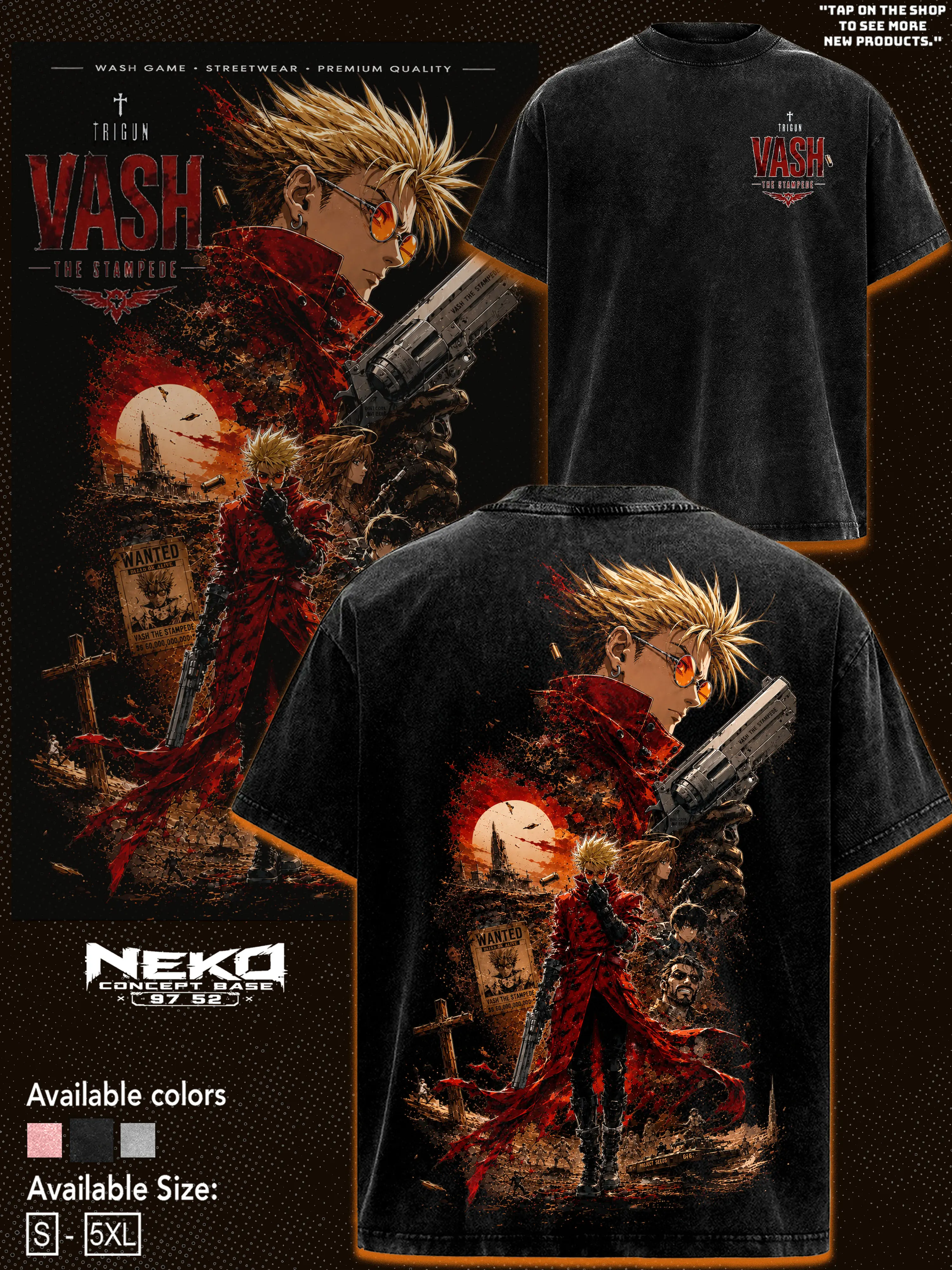 Vash The Stampede Trigun Vintage Graphic Tee, 90s Retro Anime Streetwear Oversized T-shirt, Premium Washed Heavyweight Cotton Tshirt, Y2K Aesthetic Merch, Trendy Summer Outfits Casual Tops