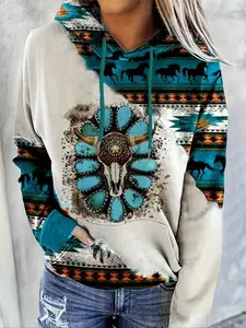 Women's Ethnic Pattern Drop Shoulder Drawstring Knit Hoodie, Fashion Casual Long Sleeve Hooded Sweatshirt for Daily Holiday Outdoor Wear, Ladies Clothes for Spring & Fall