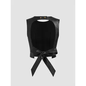 Cider [size 0-10] Faux Leather Round Neckline Solid Knotted Backless Crop Top
