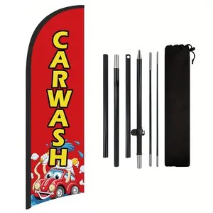 Carwash Shop Flag, Polyester Advertising Flag with Flag Pole and Ground Stake, Outdoor Promotion Banner Decoration