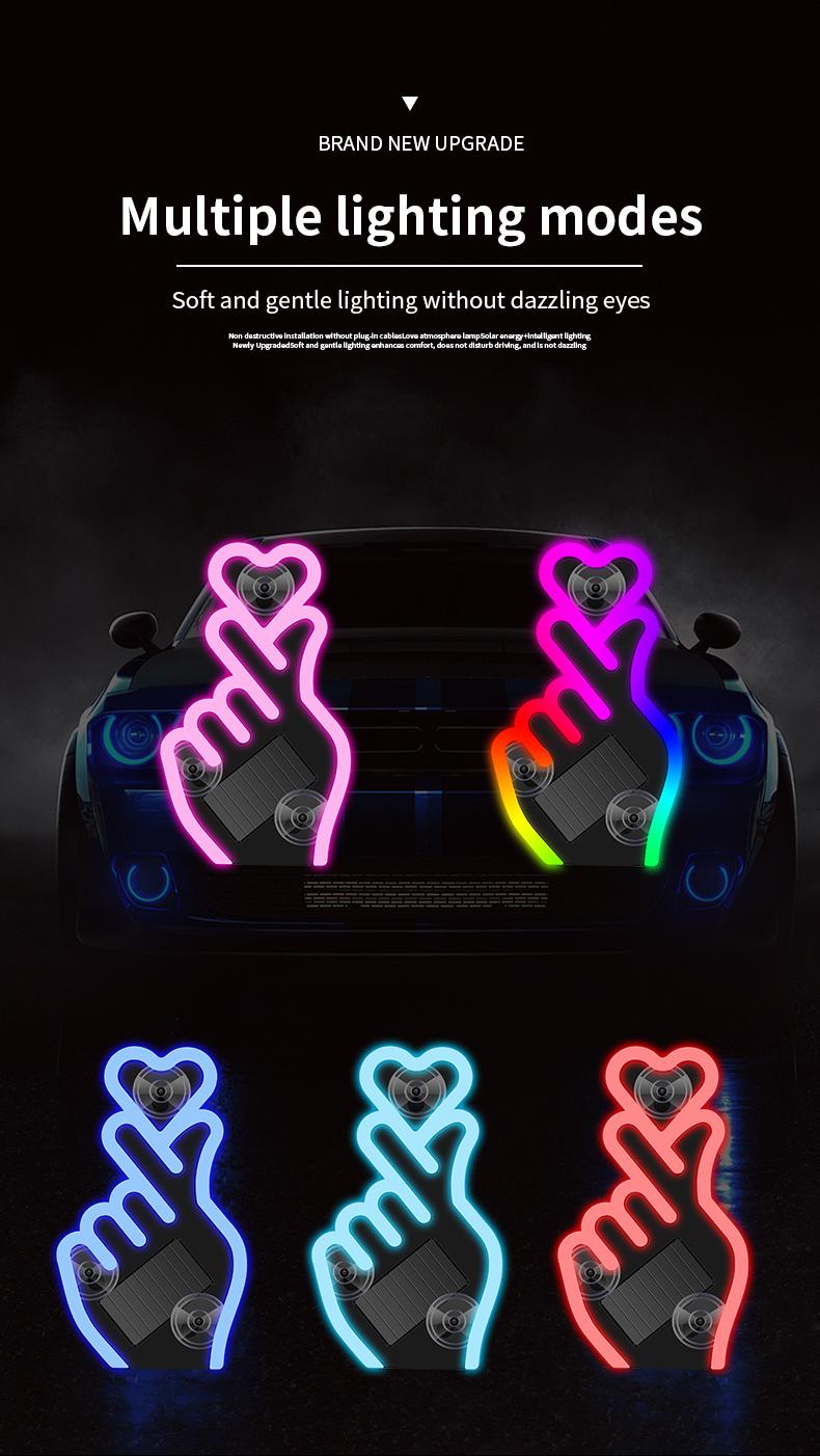 Solar Car Heart Gesture Light, LED Wireless Decorative Warning Light, Interior Ambient Light for Triangle & Rear Window