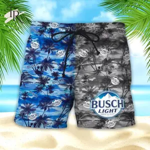 Busch Light Beer Hawaiian Shorts Men Women Palm Tree Print Blue Gray Split Beach Swim Trunks Summer Tropical Casual Street Style Festival Vacation Unisex Loose Comfortable