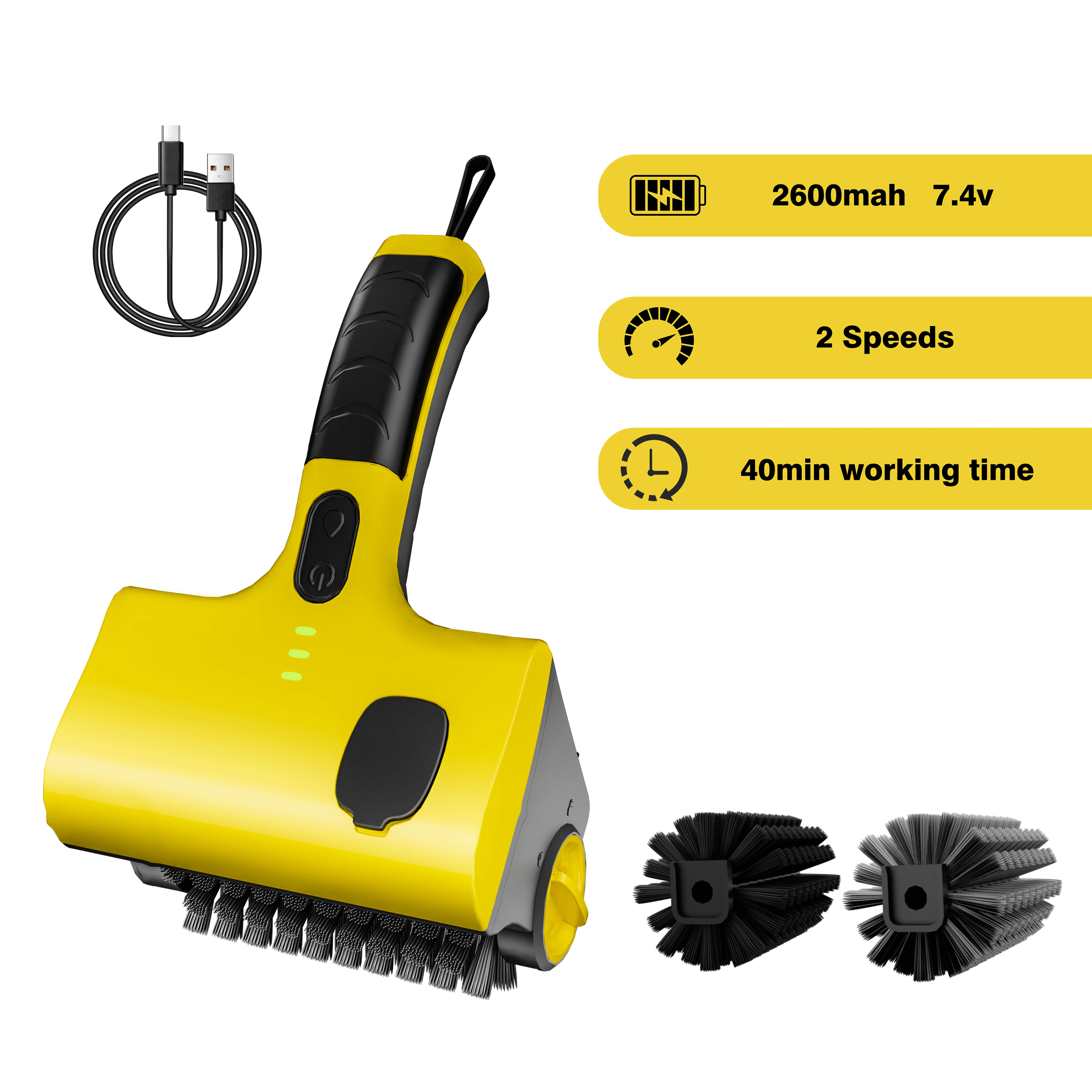 Cordless Handheld Cleaning Tool - Rechargeable Electric Grill Brush & Power Scrubber, Ergonomic Lightweight Design, 2 Interchangeable Heads (Steel & PP), 2-Speed Adjustable, 2600mAh Rechargeable Battery, 40-Minute Runtime for BBQ Grills & Kitchen Use, 40