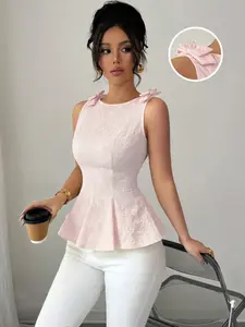 ELI New Women's Woven Textured Small Flower Fabric Shoulder Strap Bow Design Waist Cinching Hem Ruffle Fashion Versatile Elegant Vest Top