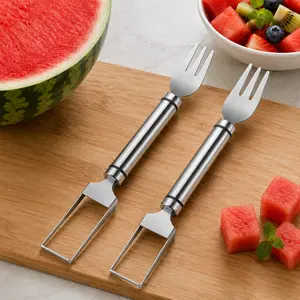 Multi-Functional Watermelon Fork Slicer - 2-in-1 Fruit Cutter with Dual Head Forks, Round Handle Design, Portable Kitchen Essential for Effortless Fruit Cutting & Serving