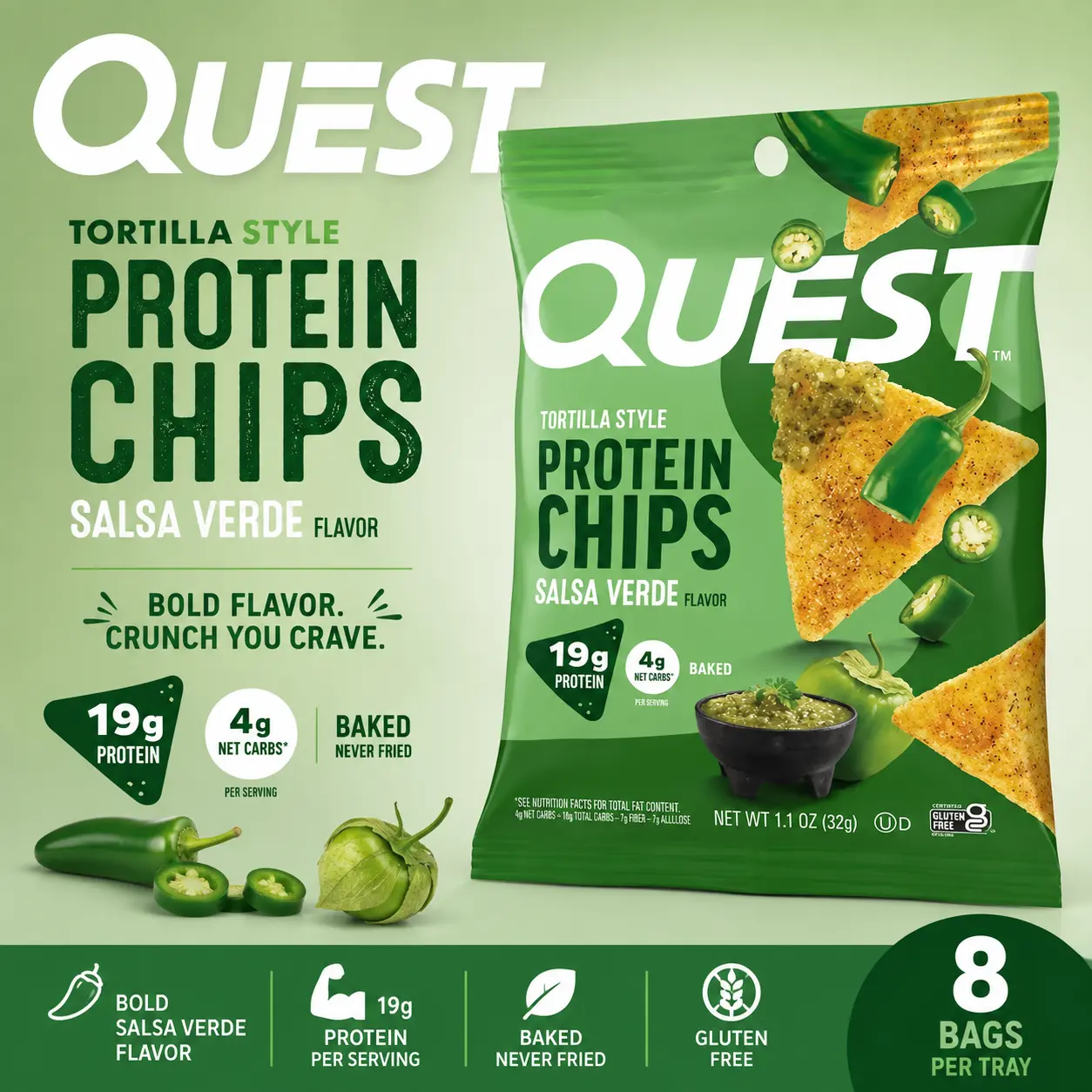 Quest Protein Chips Salsa Verde Tortilla 1.1 oz 8 Count High Protein Savory Chips