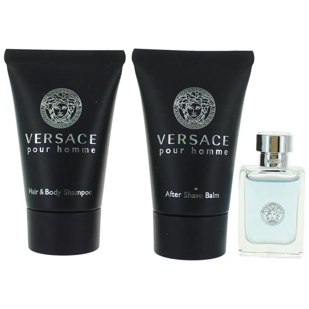 VERSACE Pour Homme 3-Piece Mini Fragrance Gift Set for Men, Scented Collection with Eau De Toilette, Body Shampoo & After Shave Balm, Aroma