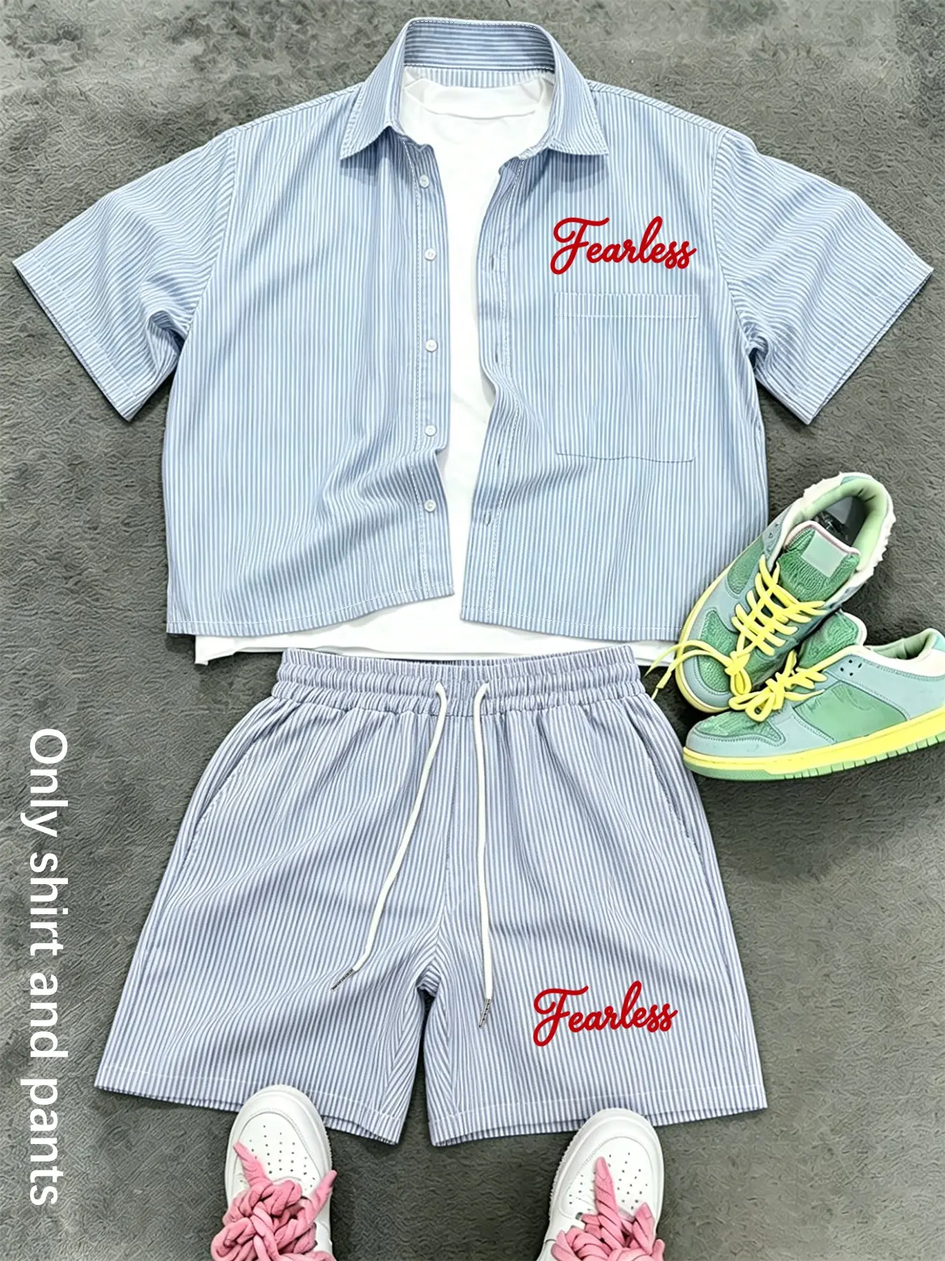 2 Pcs Unisex Striped Shirt & Shorts Set, "Fearless" Print, Short Sleeve Shirt + Drawstring Shorts, Casual Summer Outfit