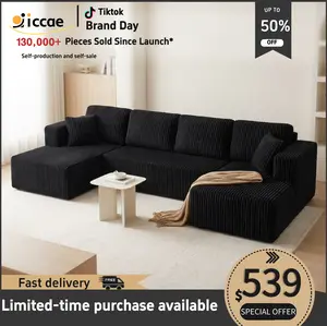 【Shipped in 2 or 3 packages】Popular No Assembly Needed 132'' U-Shape Oversized Cloud  sofa Couch - Corduroy Modular Sectional Sofa with 6 Soft Pillows, Deep Seat Boneless Upholstered Couches for Living Room