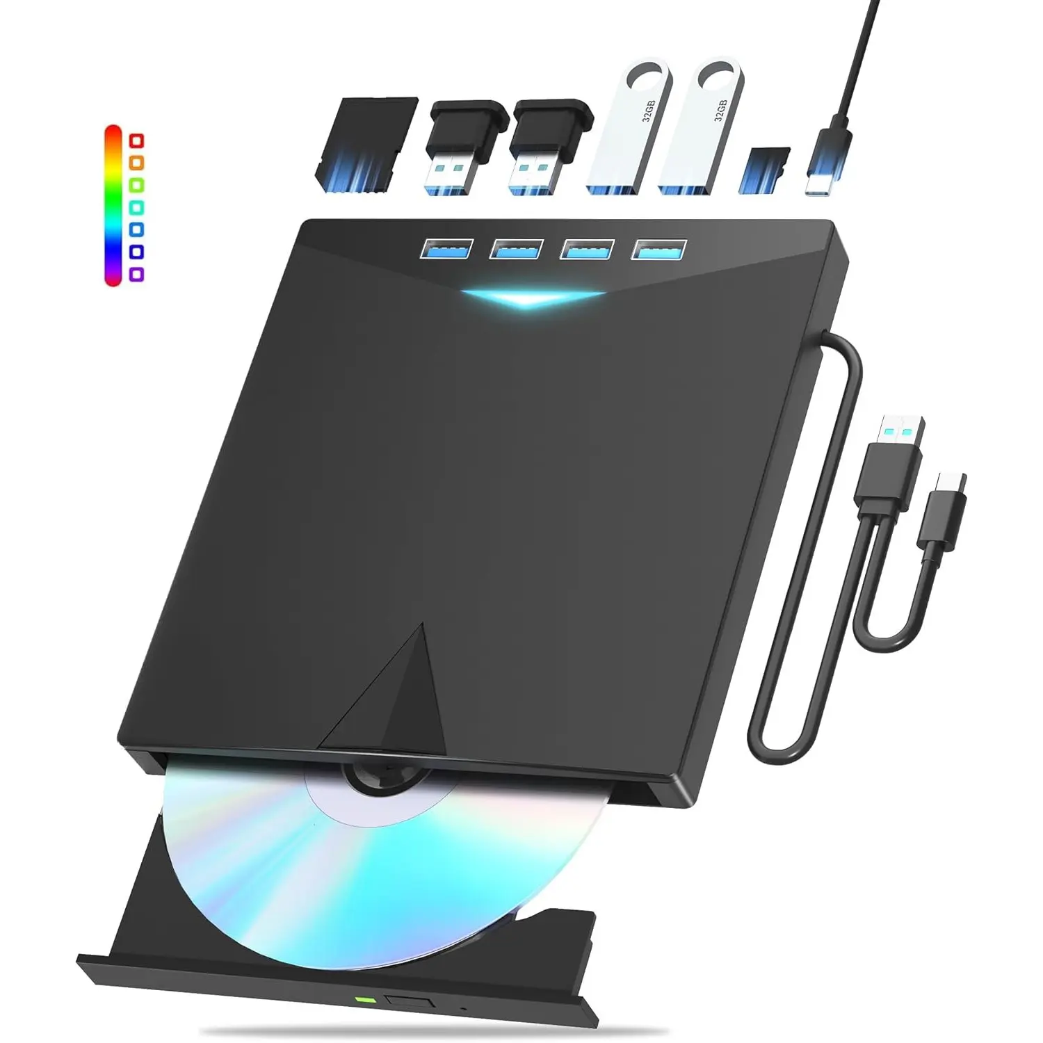7-in-1 USB 3.0 & Type-C External CD DVD Drive with Built-in Hub, Portable Optical RW Writer Reader with TF & SD Card Slots, Multi-System External Disc Drive Compatible with MacBook, Windows 11 / 10 / 8 / 7, Linux Laptop & Desktop PC