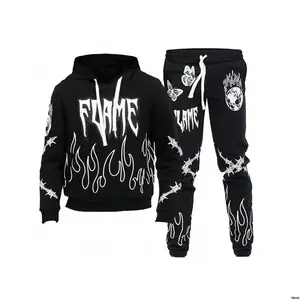 PieceSetKeepWarmFallWinter OrdLetterPrintLongSleeveTwo - Mens2PcSETFlameEmbroideryPatchHoodieAndSweatPantSetCo -