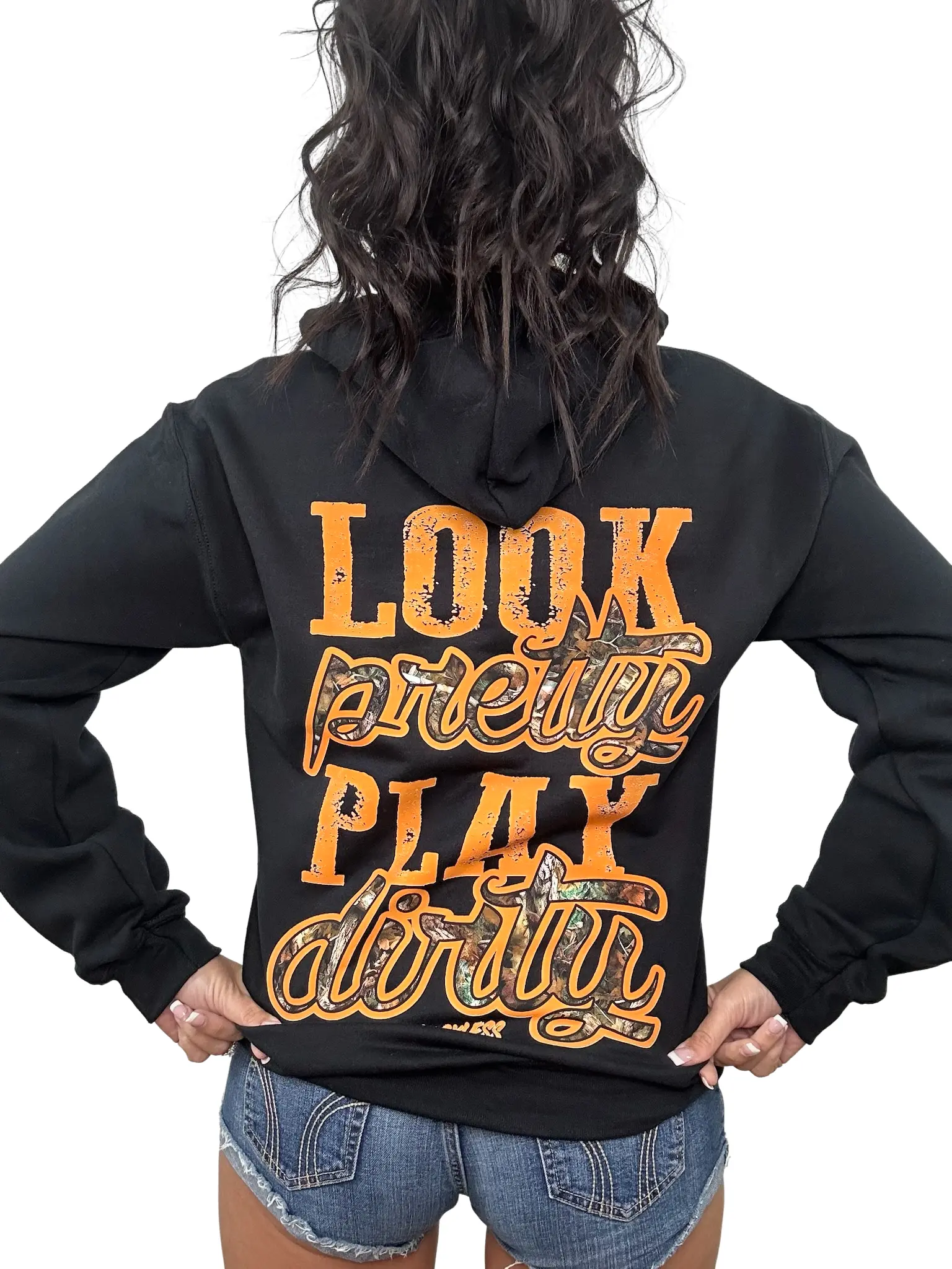 Look Pretty Play Dirty | Orange Camo Hunting Hoodie for the Country Girl by Luckless Outfitters Yarn Polyester