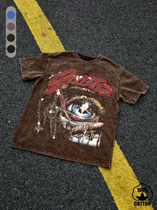 Men's 100% Cotton Saint Tears Graphic T-Shirt, Vintage Wash Loose Eye Pattern & Chain Design, Summer Casual Breathable Streetwear Top, Cotton T Shirts
