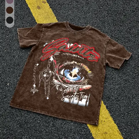 Men's 100% Cotton "Saint Tears" Graphic T-Shirt, Vintage-Wash Loose Fit Eye and Chain Design, Breathable Summer Casual Streetwear Top, Casual Style Tee