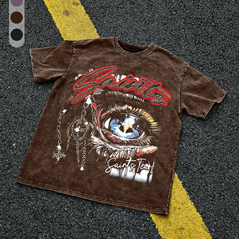 Men's 100% Cotton "Saint Tears" Graphic T-Shirt, Vintage-Wash Loose Fit Eye and Chain Design, Breathable Summer Casual Streetwear Top, Casual Style Tee