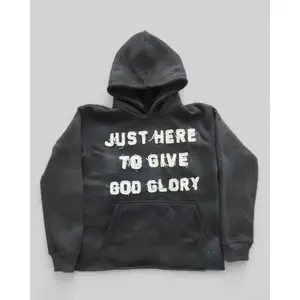 "JustHereToGiveGodGlory"HoodiesCottonMenswearDistressedEmbroiderySunSweatshirtsManTopsPulloverEmbroidered