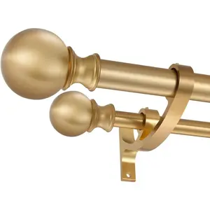 Double Curtain Rods 72-144 Inches Warm Gold Adjustable Double Window Rod with Round Finials 1-Inch Front 5/8 Inch Back Telescoping Double Drapery Rod