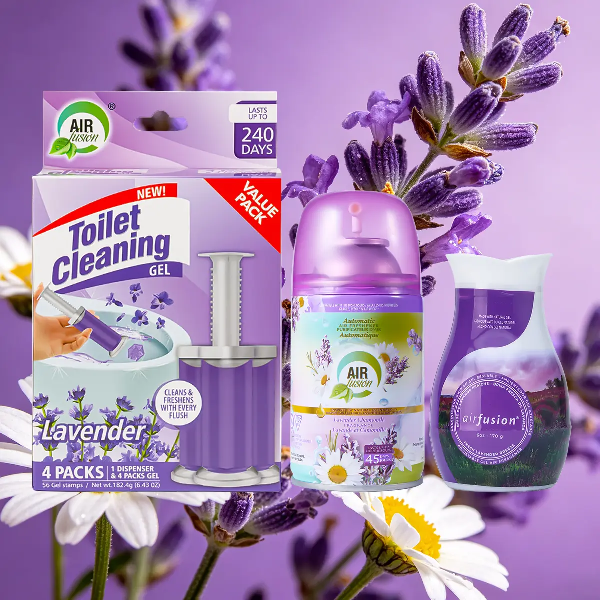 Air Fusion Purple Calm Lavender Scent Bathroom Odor Eliminator 3-Piece Bundle - To-Go Spray, Compact Twist Gel, Toilet Gel Stamp - Chamomile Aroma Freshener - Save 18%