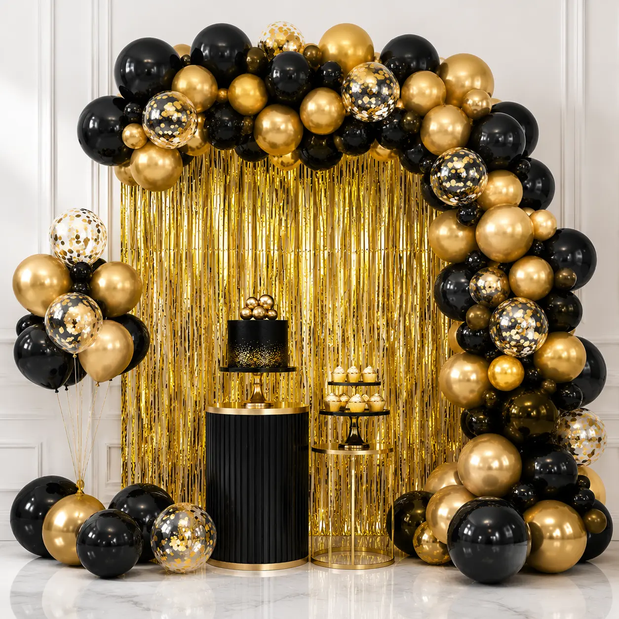 93Pcs Black and Gold Balloon Garland Arch Kit with 2Pcs Gold Foil Fringe Curtains, Black Gold Confetti Balloons and Party Backdrop Decorations for Birthday, Graduation, Anniversary, Wedding, New Year and Celebration Parties