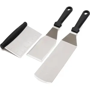 Metal Spatula Stainless Steel and Scraper - Professional Chef Griddle Spatulas Set of 3 - Heavy Duty Accessories Great for Cast Iron BBQ Flat Top Grill Skillet Pan