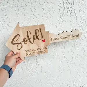 Personalized Real Estate Key Sold Sign Realtor Marketing Sold Wood House Key Real Estate Agent Custom Sold Key Realty Office Modern Key Sign