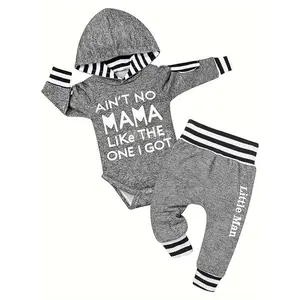 New2pcs Toddler Boy's Cute Set Hooded Sweatshirt And Pants With "Ain't No Mama Like The One I Got" Print, Comfortable Matching Outfit For Babies