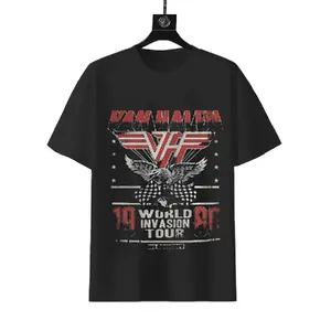 Van Halen "1980 World Invasion Tour" Vintage T-shirt, 180g Cotton Hard Rock Band Fan Tee, Retro Eagle & Stars Short Sleeve Shirt