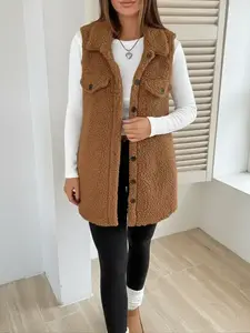 Women's Winter New Button Decorated Teddy Bear Fleece Vest Jacket, Simple Basic Fashion, Casual Wear, Cozy, Soft and Stylish, Womenswear Clothes